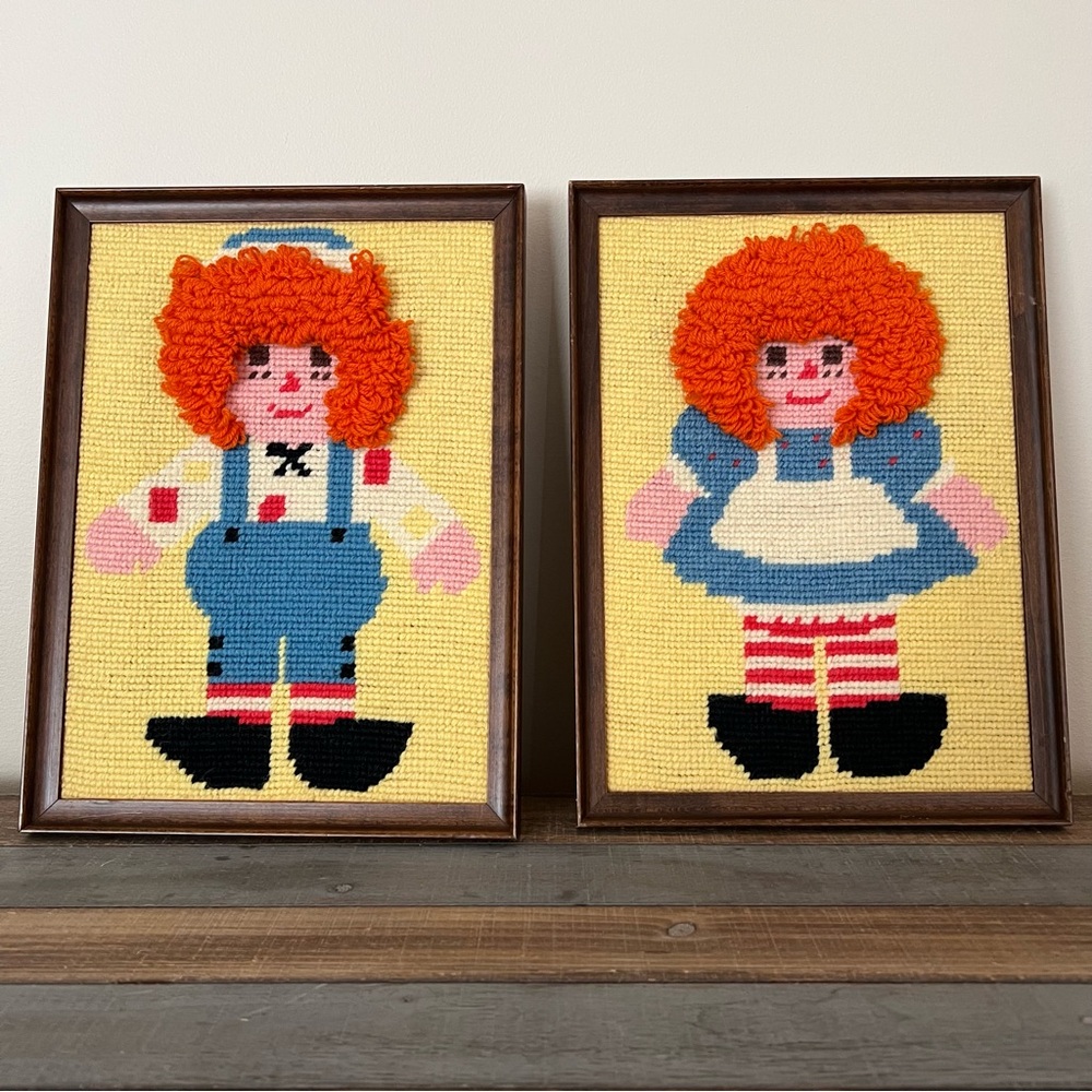Set of 2 Vintage MCM Hand Stitched Raggedy Ann and Andy Crewel Embroidery Framed